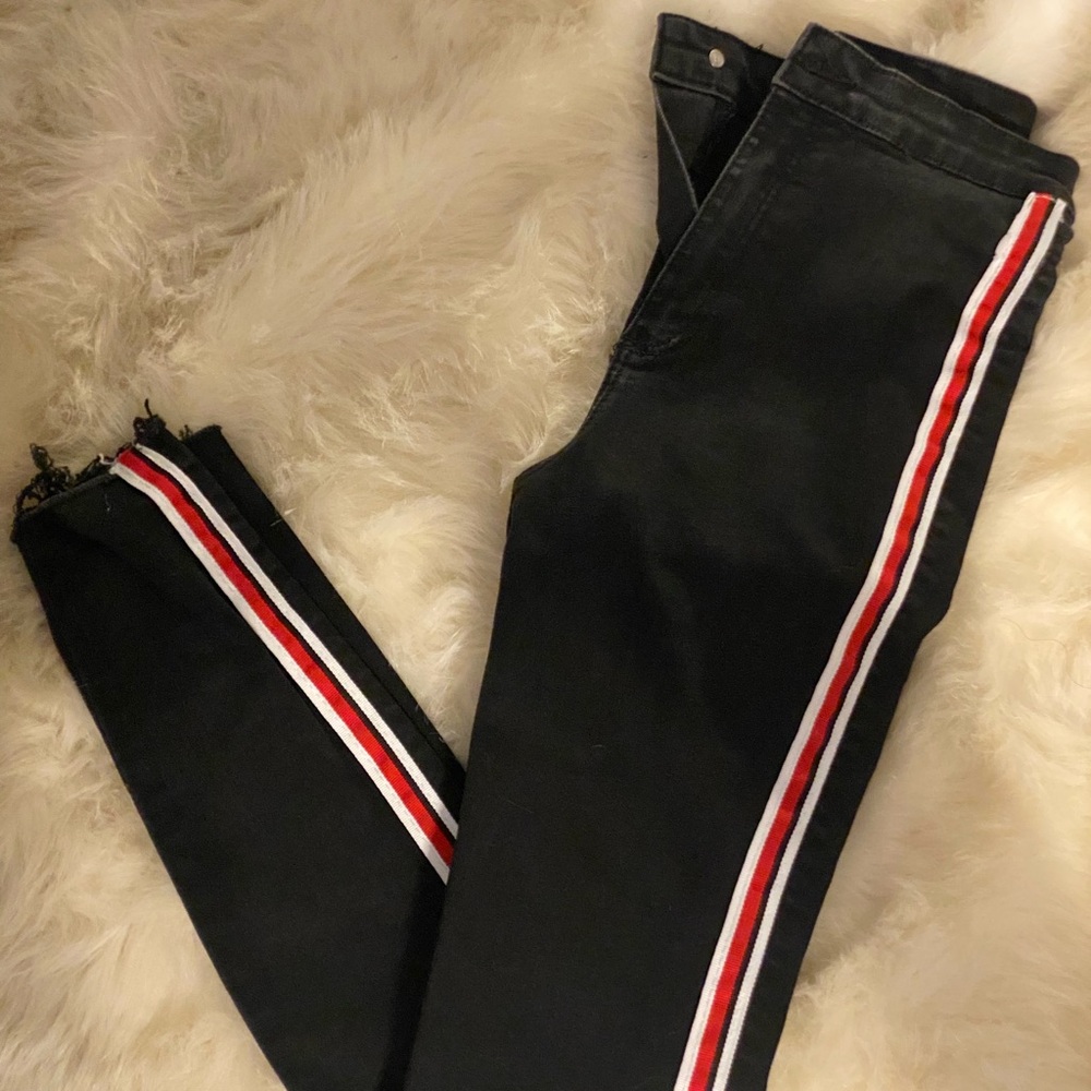 Zara Stylish Black Jeans with Red and White Stripes